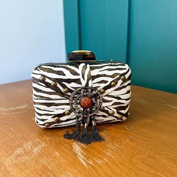 Mary Frances Aria Bronze Zebra Printed Tassel Versatile Shoulder Clutch Bag - Picture 9 of 14
